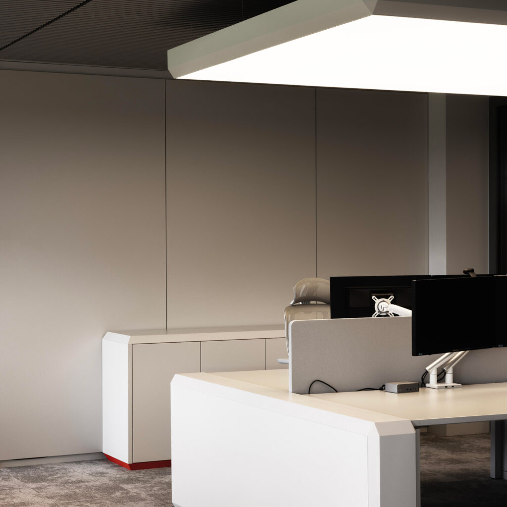 Akoestisch spanplafond in Locinox kantoor Waregem